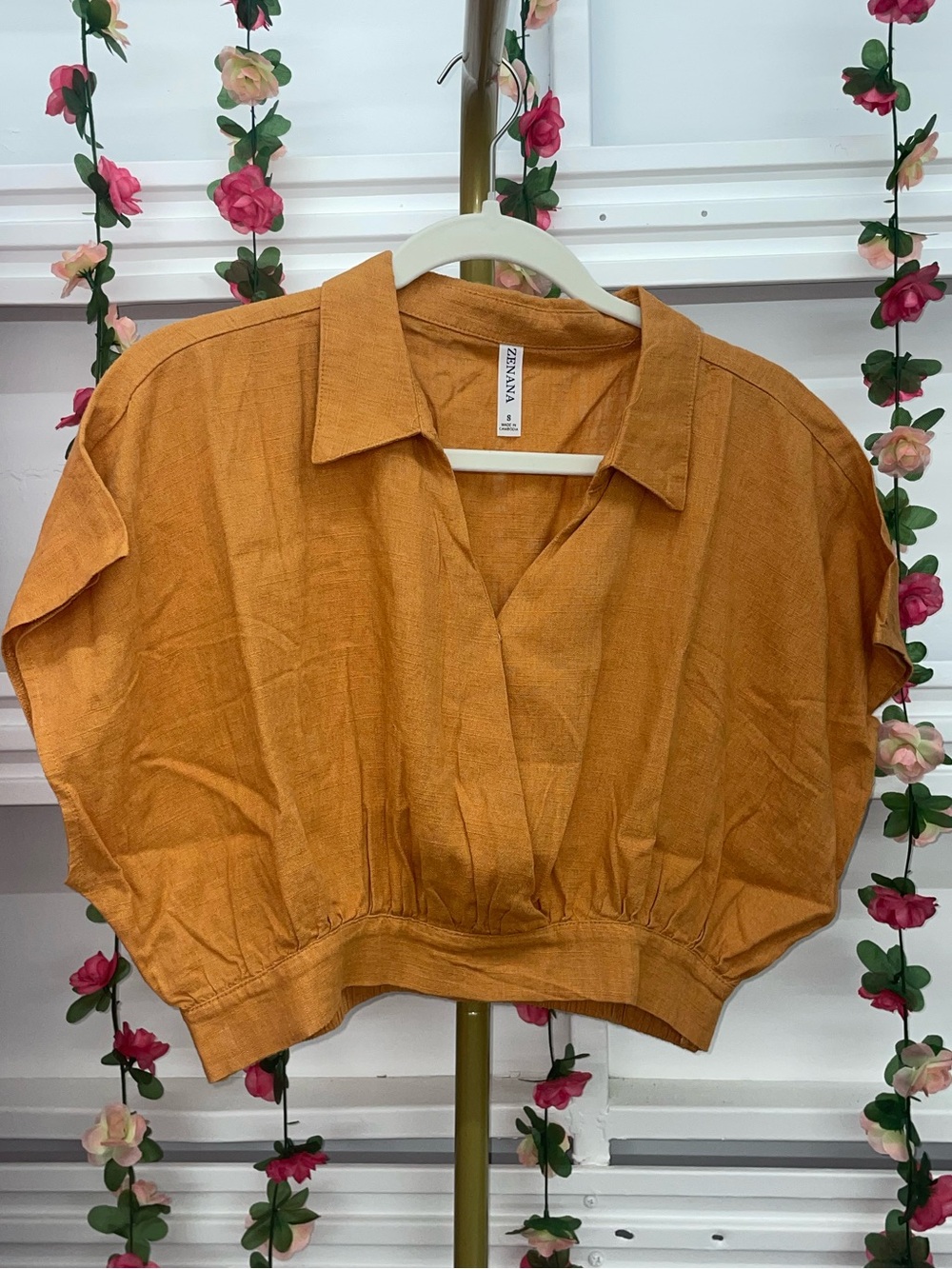 Zenana- Collared Cropped Top with Stretchy Back Waist- Apricot